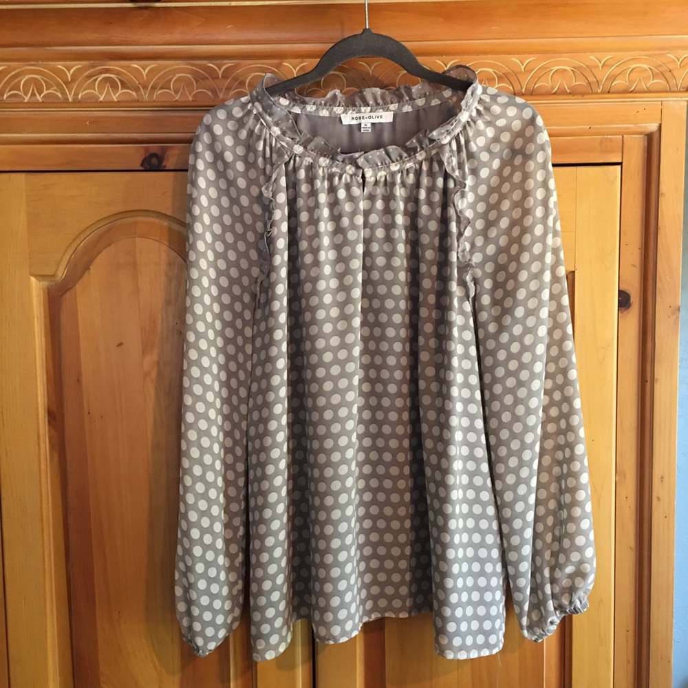 XL Rose and Olive grey and white polka dot blouse